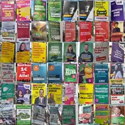 Die Collage zeigt eine Vielzahl von politischen Plakaten und Werbungen verschiedener Parteien und Kandidaten zur Kommunalwahl in Hessen 2026. Themen sind unter anderem Mobilität, Verkehr, Umwelt und lokale Anliegen. Die Plakate sind bunt gestaltet und enthalten Aufrufe zu Aktionen sowie Informationen zu Wahlprogrammen.