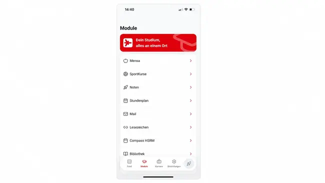 Die Abbildung zeigt die Benutzeroberfläche einer mobilen App mit dem Titel "Module". Es gibt verschiedene Optionen wie "Mensa", "Sportangebote", "Noten", "Stundenplan", "Mail", "Leseschein", "Compass HSFM" und "Bibliothek". Oberhalb steht der Slogan "Dein Studium, alles an einem Ort".