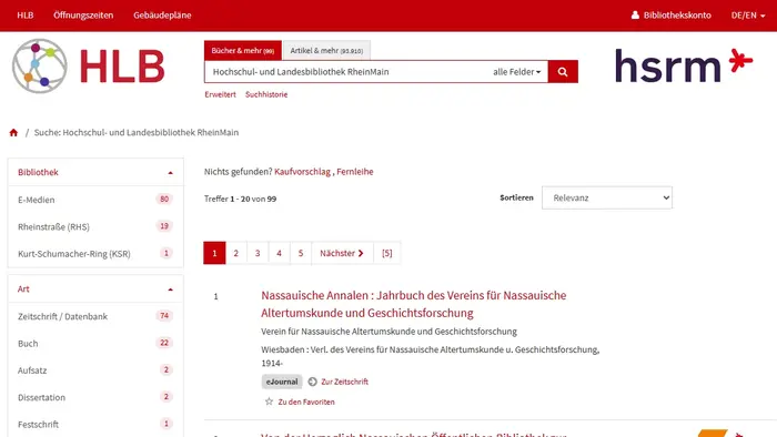 Die Darstellung zeigt eine Suchergebnisseite der Hochschul- und Landesbibliothek RheinMain. Es handelt sich um eine Liste von Publikationen, hauptsächlich über die Nassauischen Annalen und die Hochschulbibliothek, mit Optionen zur Sortierung und Navigation durch die Ergebnisse.