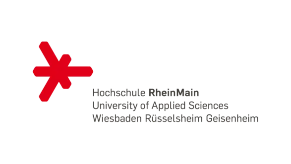 Logo der Hochschule RheinMain, Schriftzug Hochschule RheinMain, University of Applied Sciences, Wiesbaden, Rüsselsheim, Geisenheim, rotes Flockensymbol
