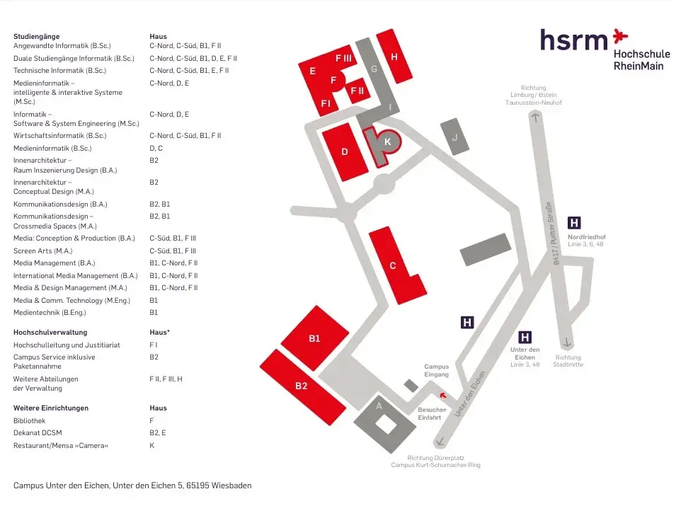 Eine schematische Karte des Campus Unter den Eichen der Hochschule RheinMain in Wiesbaden. Die Gebäude sind markiert, inklusive der Bereiche für Studiengänge und Hochschulveranstaltungen. Die Legende erklärt die Abkürzungen und die Standortbezeichnungen der Gebäude.