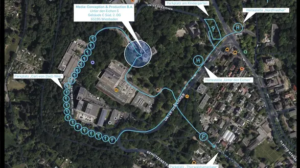Campusmap Unter den Eichen mit Einzeichnung von Parkmöglichkeiten und Bushaltestellen
