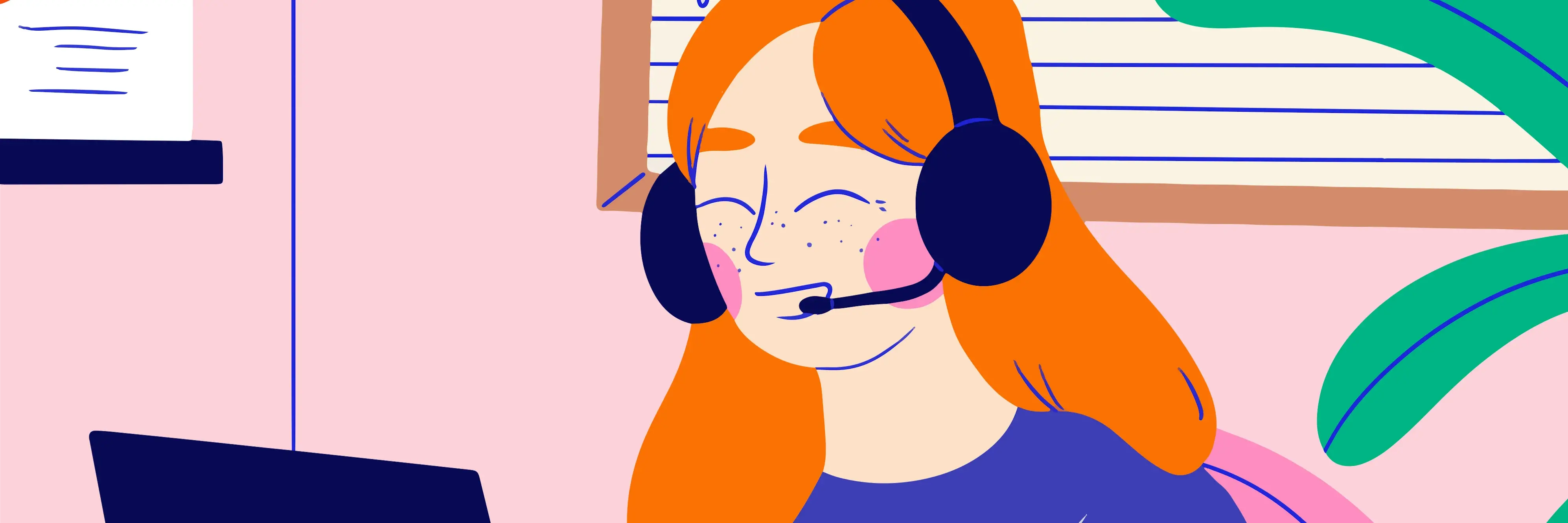 Kontakt Vektor Grafik von einer Frau die mit Headset am Laptop sitzt