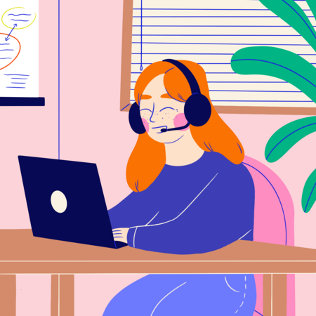 Vektor Grafik von einer Frau die mit Headset am Laptop sitzt