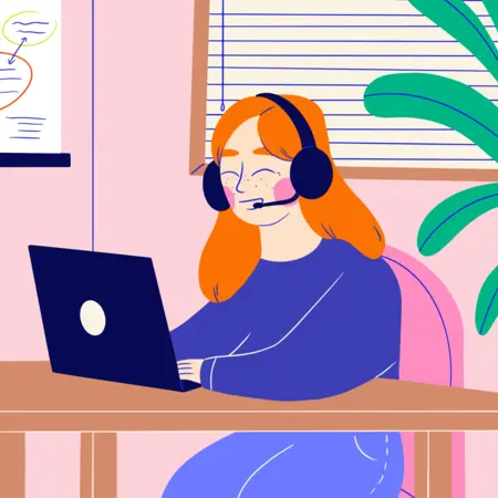 Vektor Grafik von einer Frau die mit Headset am Laptop sitzt