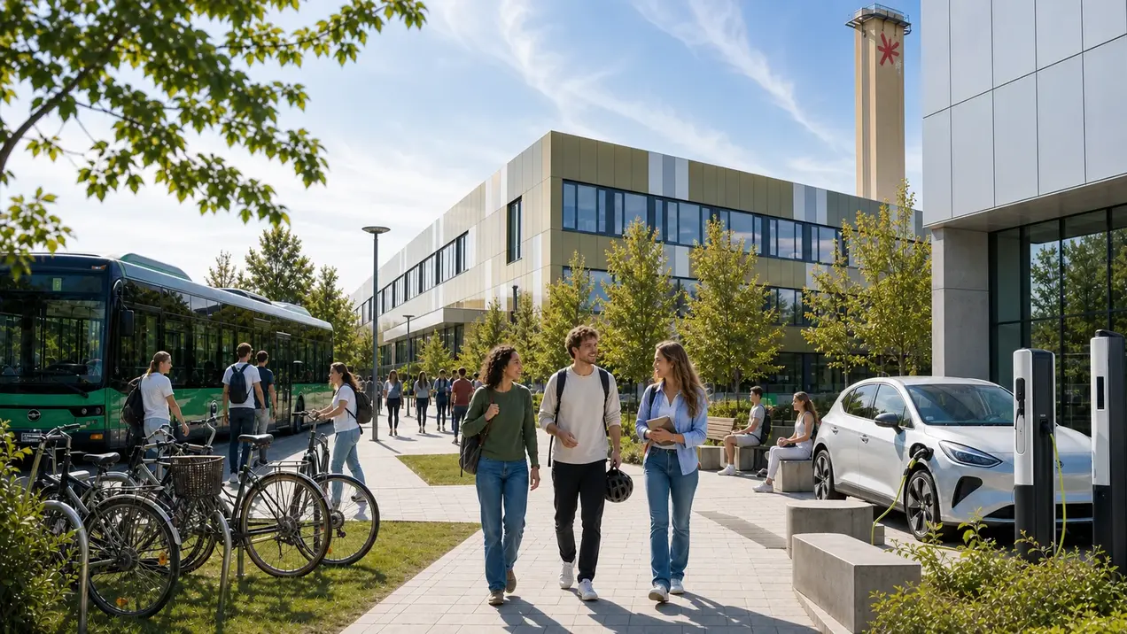 Gruppe von Personen am Rüsselsheimer Campus vor Ladesäulen und öffentlichen Verkehrsmitteln 