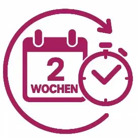 Grafik mit einem Kalender, der "2 Wochen" anzeigt, und einer Uhr mit einem Häkchen. Die Symbole deuten auf eine Frist oder einen Zeitraum von zwei Wochen hin.