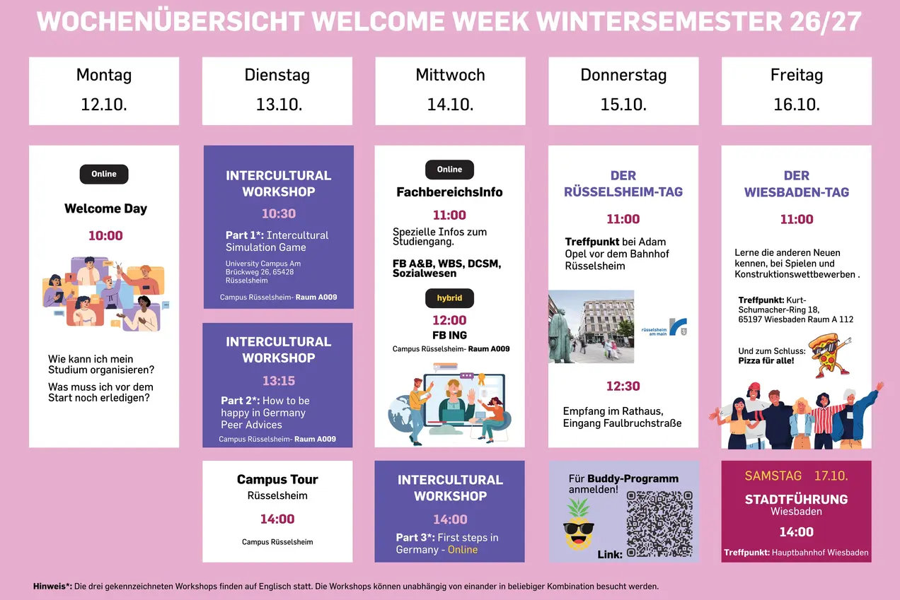 Wochenübersicht der Welcome Week für das Wintersemester 2026/27. Die Veranstaltungstermine umfassen Workshops, einen Campus-Tour und spezielle Programmpunkte für verschiedene Tage von Montag bis Freitag, inklusive Uhrzeiten und Veranstaltungsorten. Ein QR-Code bietet Informationen für Buddy-Programme und Führungen.