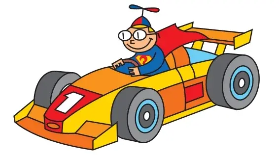 kuni2025_rennwagen.jpg KinderUNI-Maskottchen Kuni im Rennwagen
