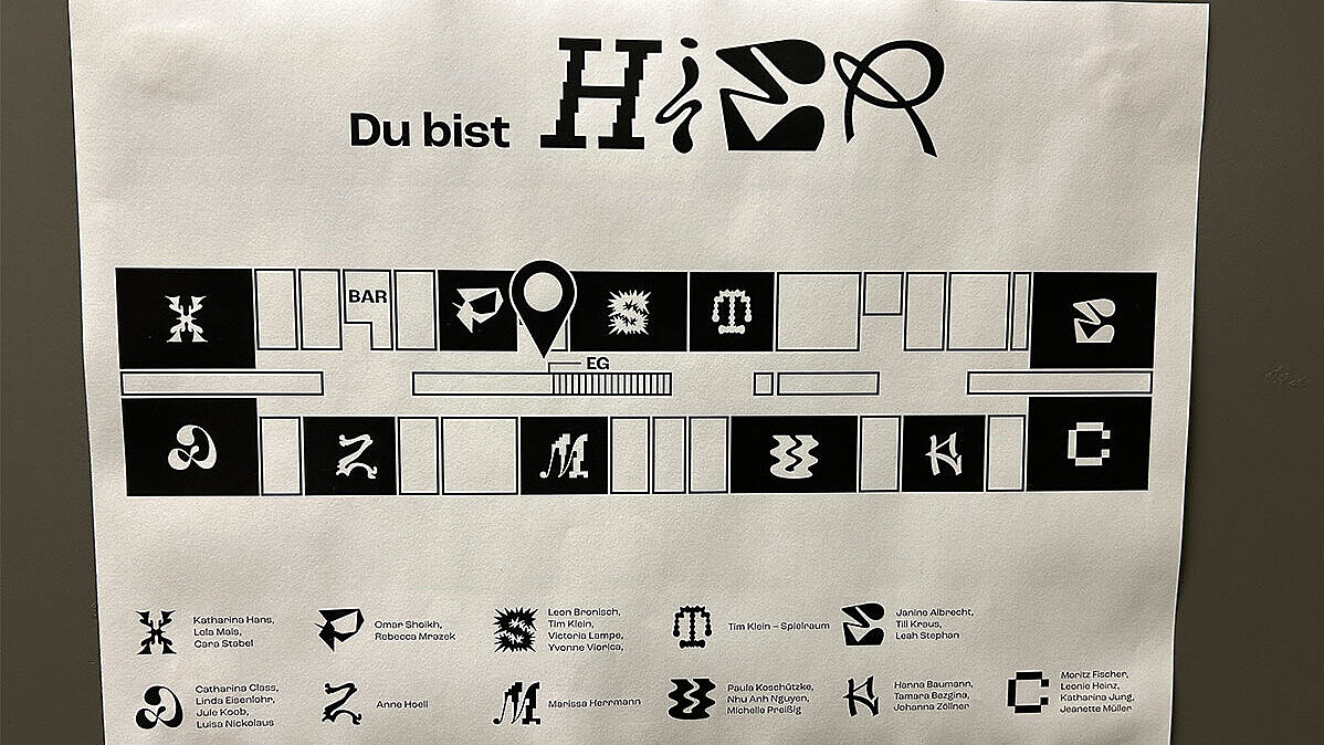 Lageplan der Werkschau Wiesbaden. Jedem Raum ist ein Buchstabe des Corporate Designs zugeordnet.