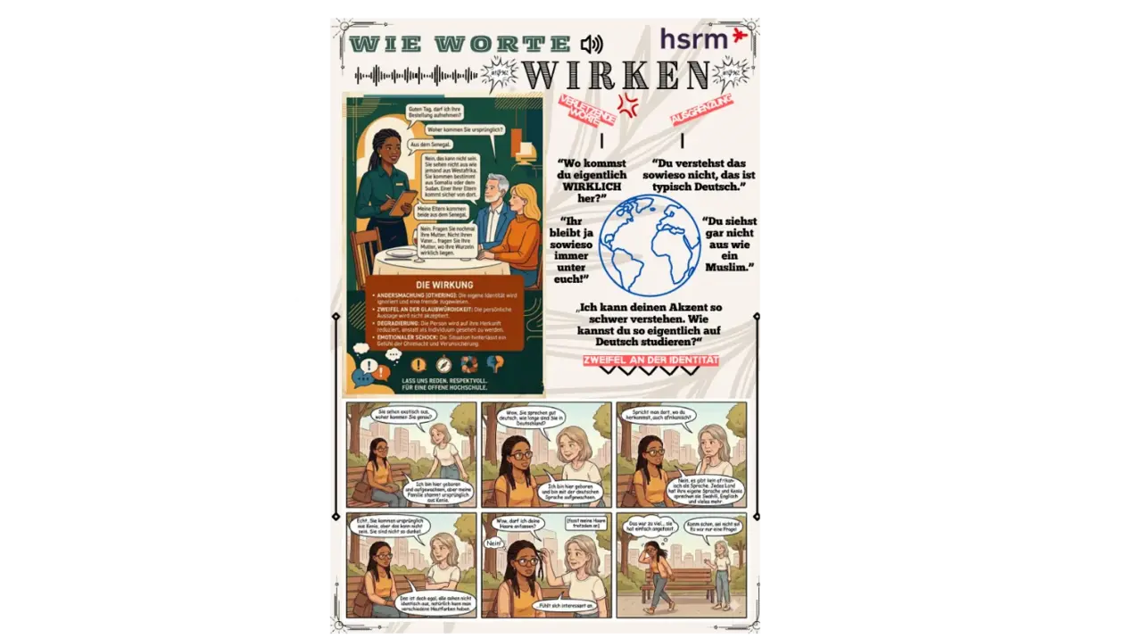Eine grafische Darstellung mit dem Titel „Worte wirken“. Im oberen Bereich sind verschiedene Personen abgebildet, die Informationen teilen. Darunter finden sich Textkästen mit Zitaten und Aussagen zu den Auswirkungen von Worten. Die Gestaltung ist farbenfroh und ansprechend.