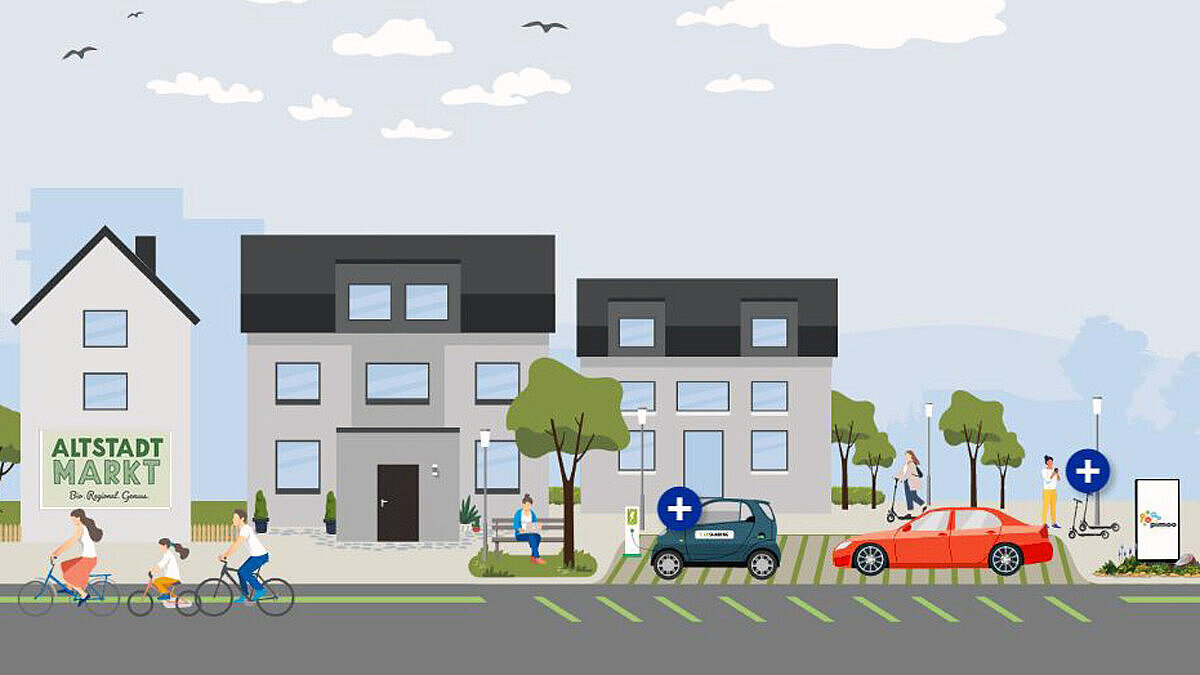 Zeichnung einer Straße mit Fahrrädern, Autos, Häuser, Bäume und Passanten