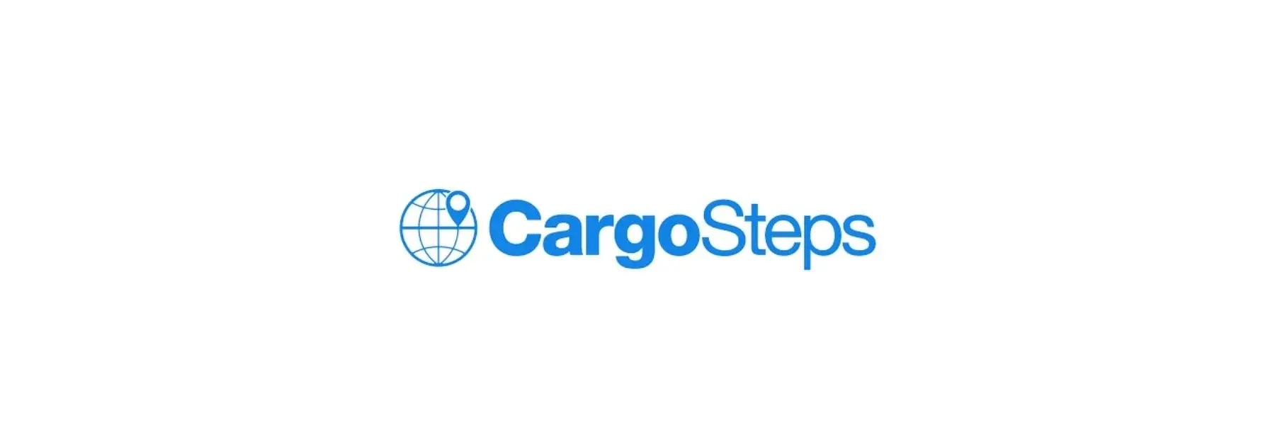 Das Bild zeigt das Logo von CargoSteps. Der Schriftzug „CargoSteps“ ist in blauer Schrift dargestellt, wobei das Wort „Cargo“ in einer leicht anderen Schriftart steht. Daneben ist ein grafisches Element einer Weltkugel zu sehen.
