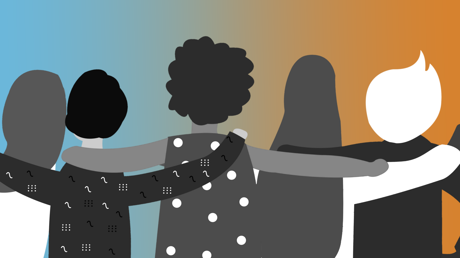 Cartoon Darstellung von einer Gruppe von Menschen die arm in arm von hinten zu sehen sind. Die Menschen sin schwarz-weiß, während der Hintergrund ein Verlauf zwischen Blau und Orange ist.