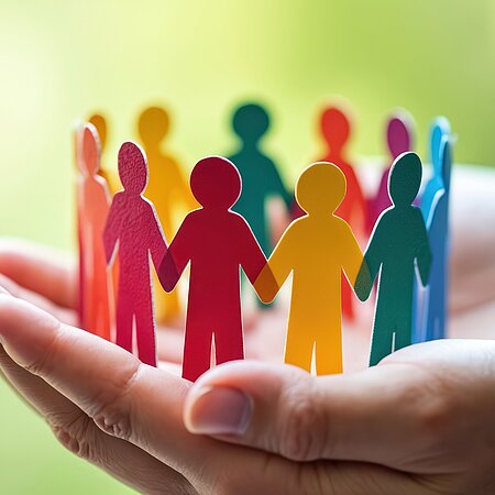 Menschen in einem Kreis in verschiedenen Farben sind auf zwei Händen angeordnet