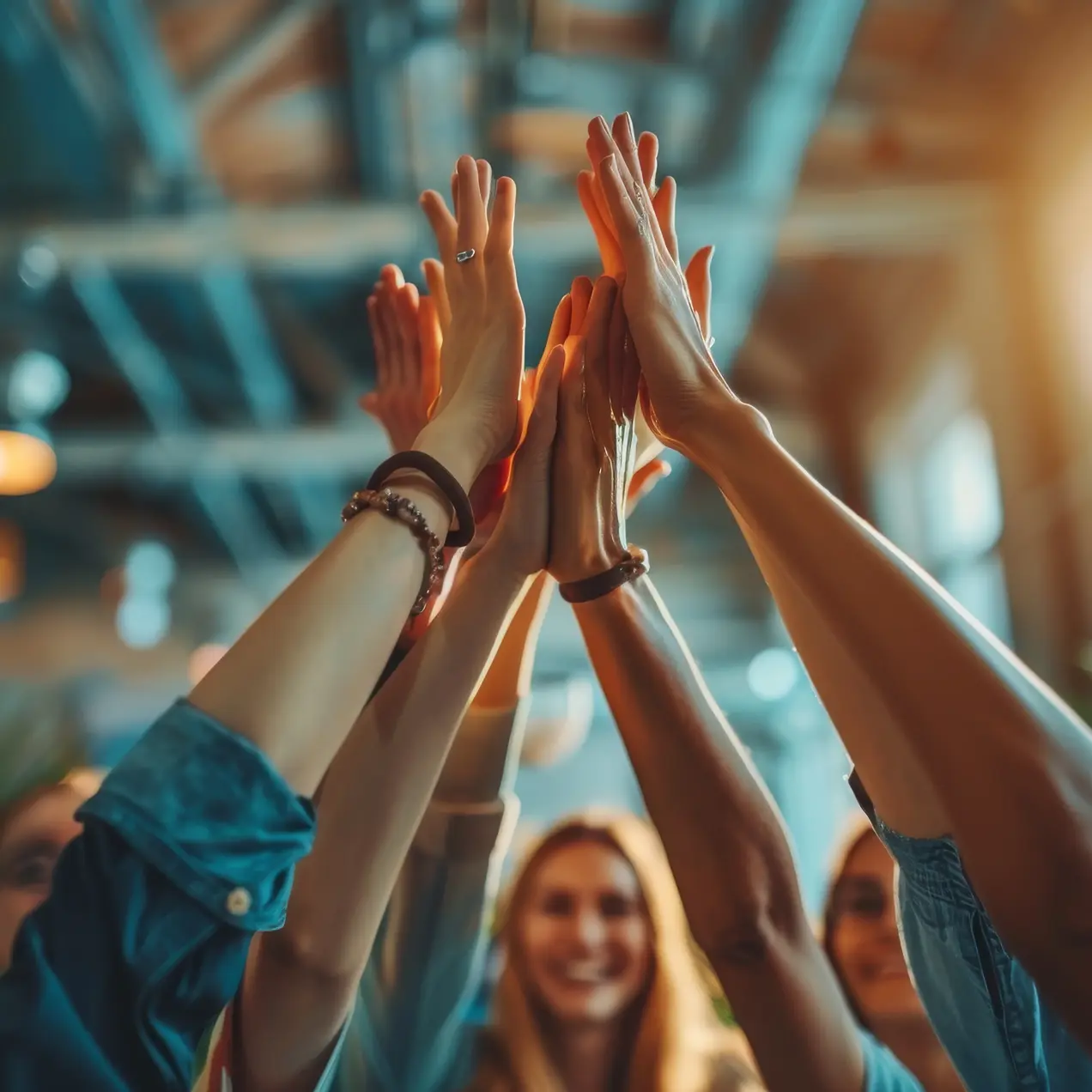 eine Gruppe gibt sich begeistert ein High Five in gemeinschaftlicher Atmosphäre