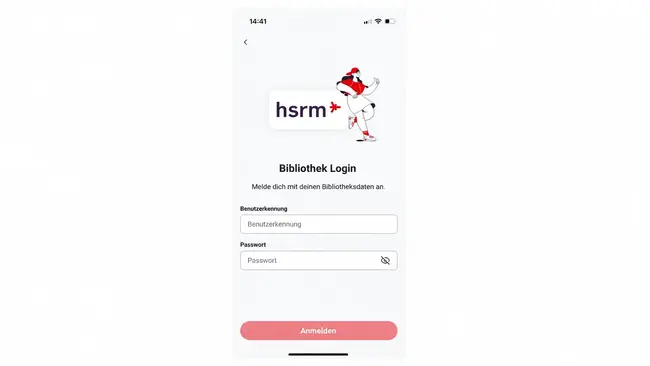 Anmeldeseite für die Bibliothek mit dem Logo "hsrm". Eingabefelder für Benutzerkennung und Passwort sind vorhanden, sowie ein Button zum Anmelden.