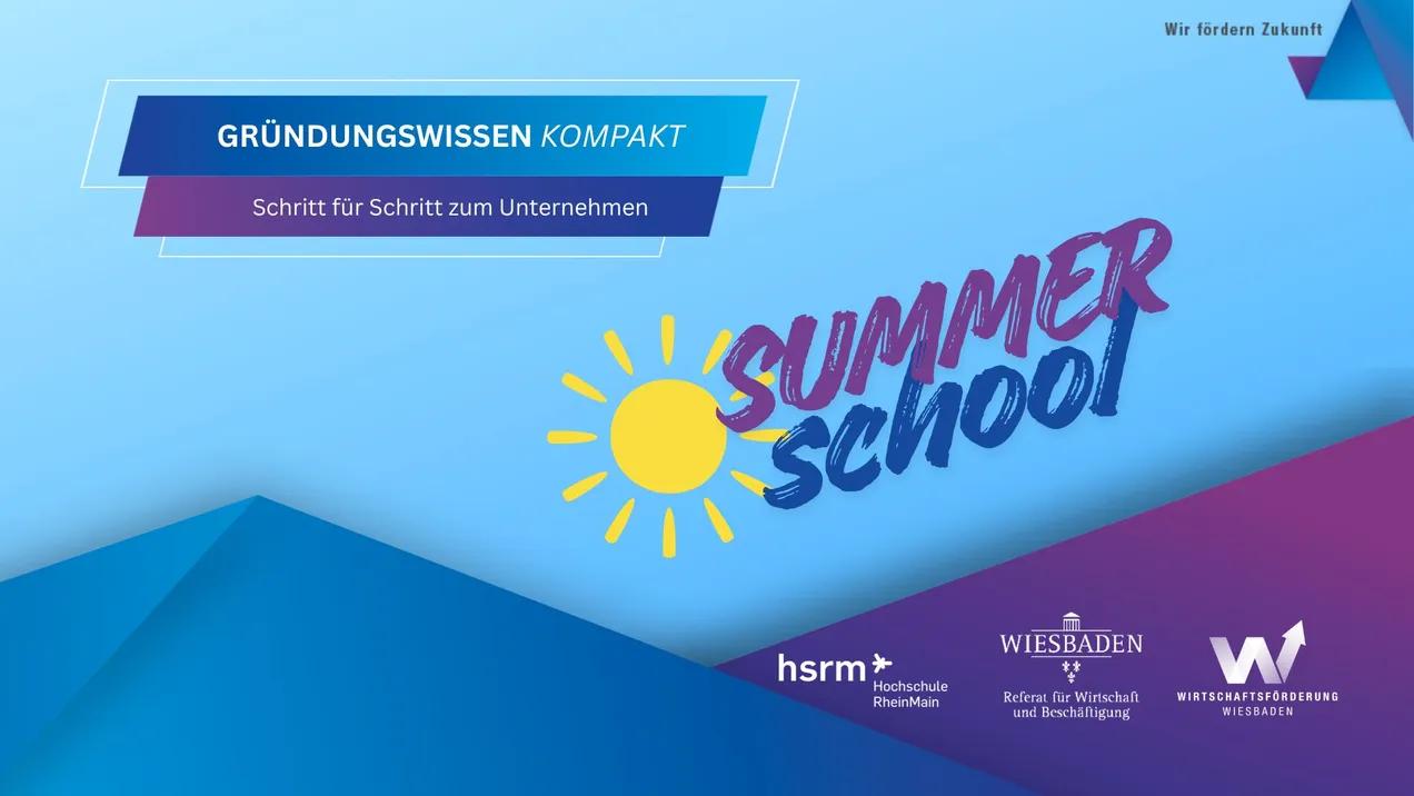 Blaues und violettes Hintergrunddesign mit dem Text „GRÜNDUNGSWISSEN KOMPAKT“ und „SUMMER SCHOOL“ in auffälliger Schrift. Darunter steht „Schritt für Schritt zum Unternehmen“. Ein gelbes Sonnensymbol ergänzt das Design, das die Themen Unternehmertum und Weiterbildung vermittelt.