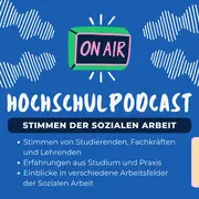 Bildbeschreibung: Ein Grafikdesign für einen Hochschulpodcast mit dem Titel „Hochschulpodcast: Stimmen der sozialen Arbeit“. Es zeigt ein Mikrofon, einen Radioempfänger und den Schriftzug „ON AIR“. Themen sind Erfahrungen von Studierenden und Einblicke in verschiedene Arbeitsfelder der sozialen Arbeit.