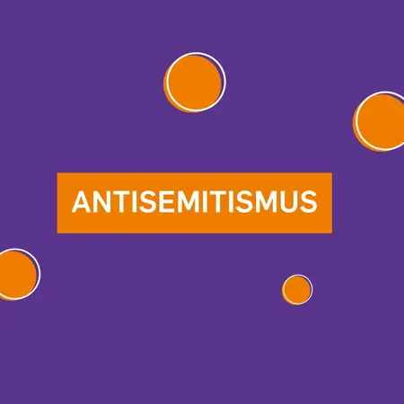 Lila Hintergrund mit orangenen Akzenten und der Überschrift Antisemitismus