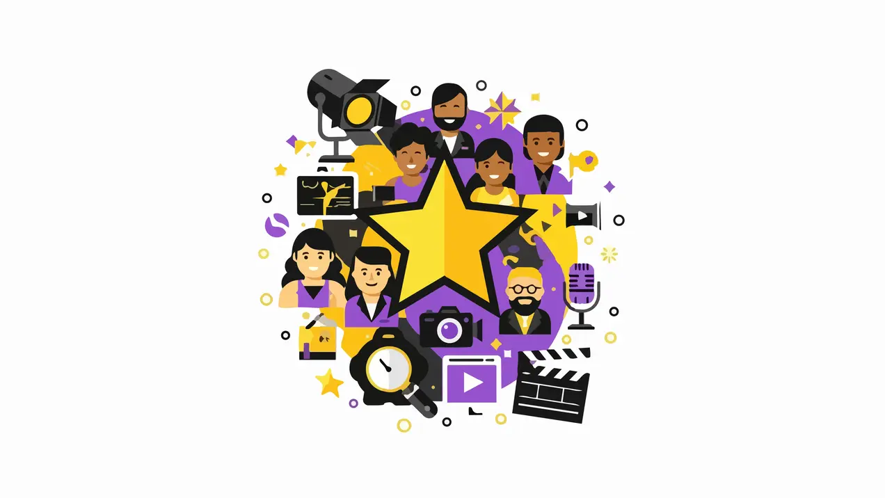 Eine bunte Grafik zeigt verschiedene Menschen in kreativen Berufen, umgeben von Symbolen der Film- und Medienproduktion, darunter eine Kamera, ein Mikrofon und ein Filmklappe. Ein großer, goldener Stern steht im Zentrum, der den Fokus auf die Kreativität und Zusammenarbeit legt.