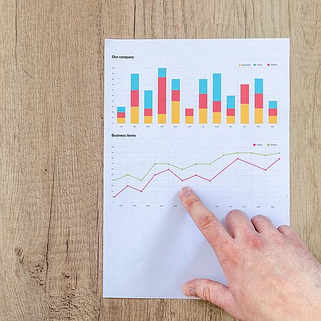 Finger zeigt auf Daten Eine Hand deren Zeigefinger auf ein Diagramm zeigt