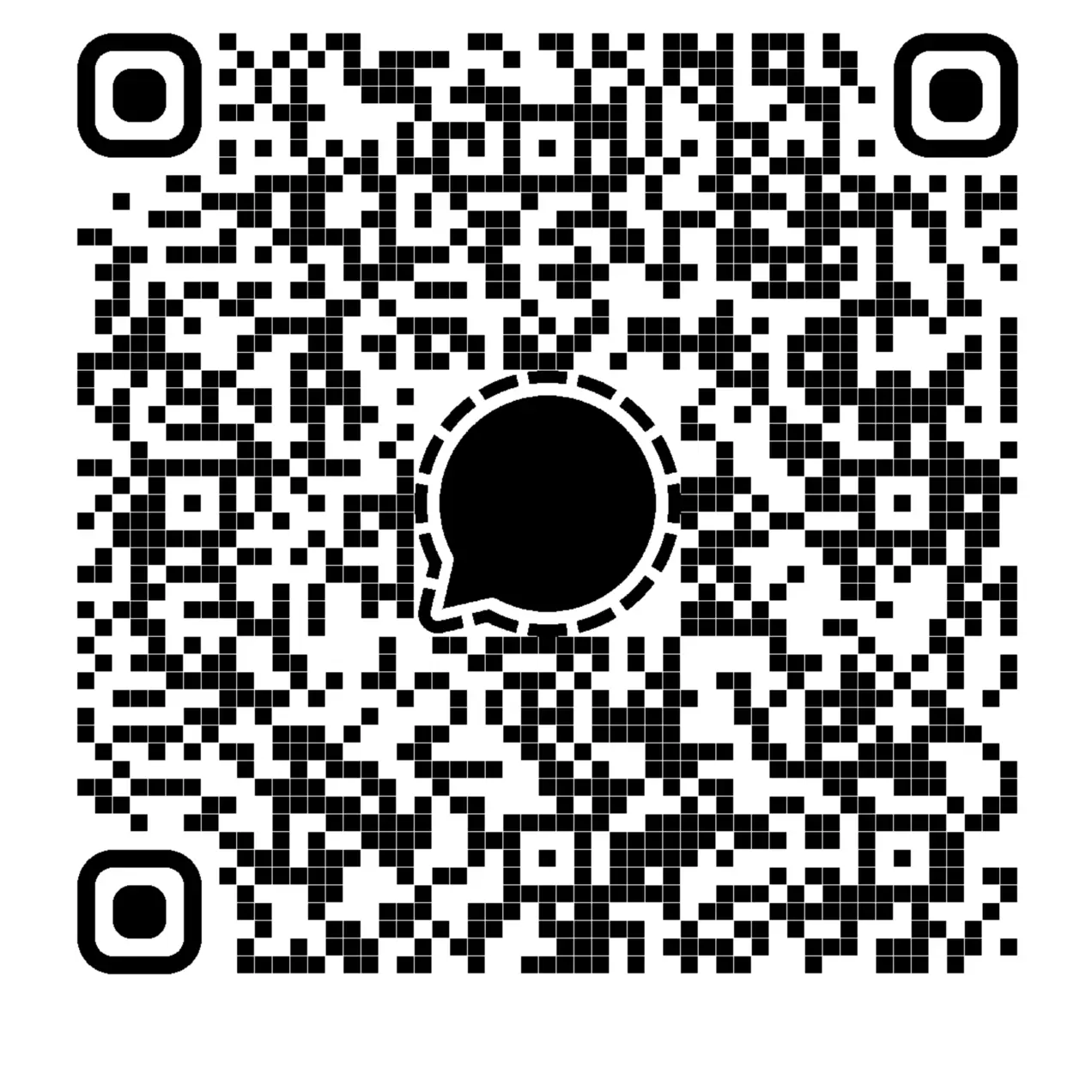 Ein QR-Code, der gescannt werden kann, um auf eine digitale Plattform oder einen Dienst zuzugreifen. Der Code ist in Schwarz und Weiß gehalten und enthält ein zentrales Symbol in Form eines Sprechblasen-Icons.