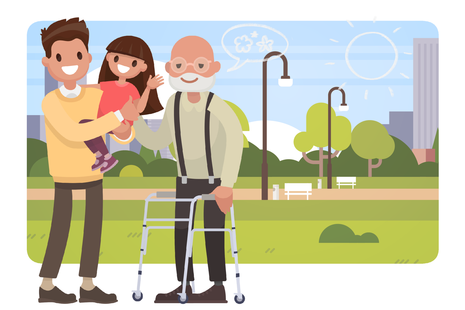 Vektorillustration von einer Familie bestehend aus Vater, Opa und Kind vor einem Park