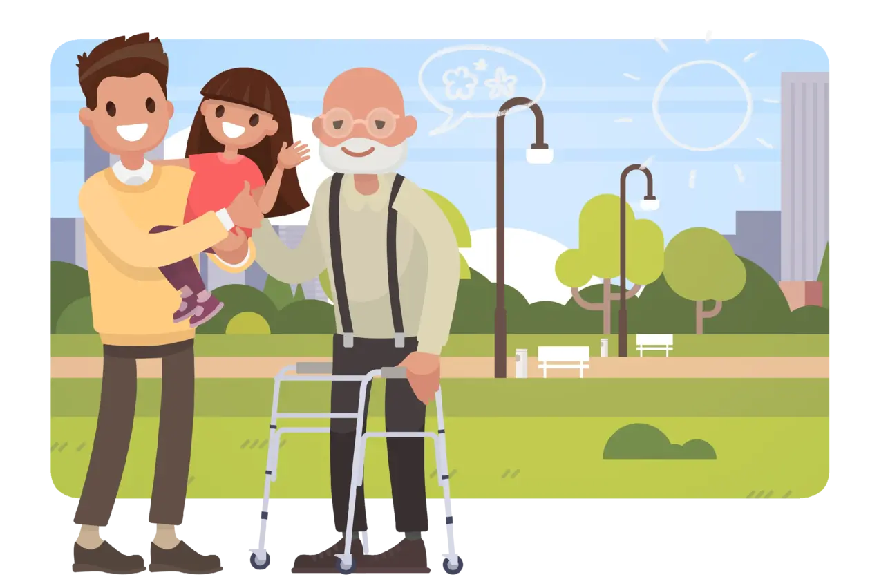 Vektorillustration von einer Familie bestehend aus Vater, Opa und Kind vor einem Park