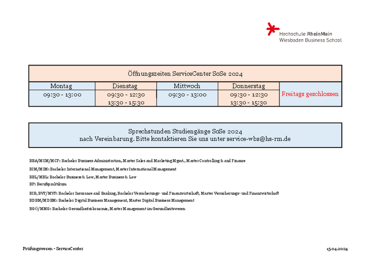 Opening hours ServiceCenter Wiesbaden Business School