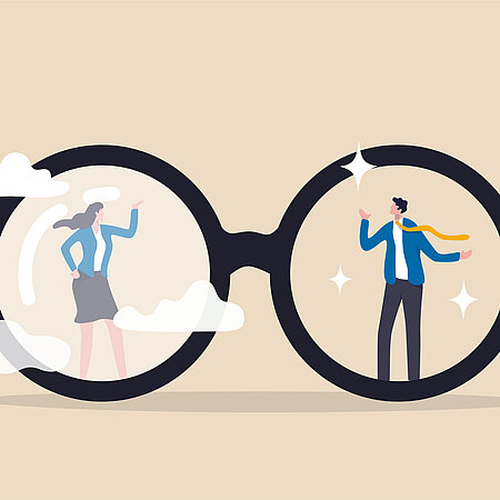 Gender Bias Darstellung einer Frau und eines Mannes, die durch eine Brille betrachtet werden, wobei das Glas durch das die Frau betrachtet wird getrübt ist, während das Glas durch das der Mann betrachtet wird, glänzend sauber ist.