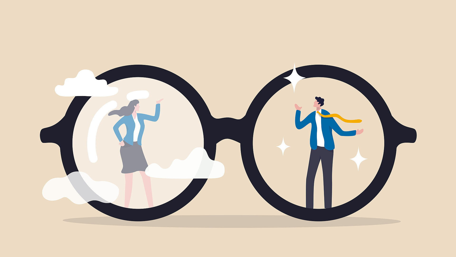 Gender Bias Darstellung einer Frau und eines Mannes, die durch eine Brille betrachtet werden, wobei das Glas durch das die Frau betrachtet wird getrübt ist, während das Glas durch das der Mann betrachtet wird, glänzend sauber ist.