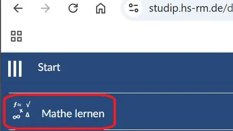 Das Bild zeigt einen Screenshot einer Webseite der Hochschule RheinMain. Im Hauptmenü ist der Punkt "Mathe lernen" hervorgehoben. Daneben sind mathematische Symbole zu sehen, die das Thema verdeutlichen.