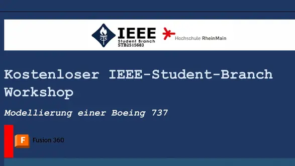 Bildbeschreibung: Ankündigung eines kostenlosen Workshops der IEEE-Studentenvereinigung zur Modellierung einer Boeing 737. Datum: 07.11.2023, Ort: Campus Rüsselsheim. Referentin: Fatima Asma Djerdi. QR-Code zur Anmeldung vorhanden.