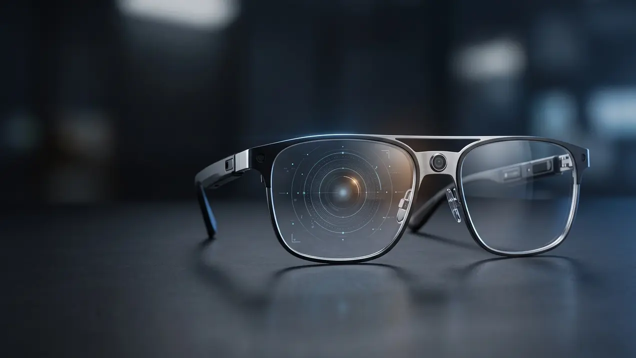Smart Glasses liegen auf einer dunklen Oberfläche. Die Gläser zeigen ein grafisches Muster mit Kreisen und Linien, das futuristische Technologien andeutet. Die Fassung ist aus Metall, mit einem klaren, eleganten Design.