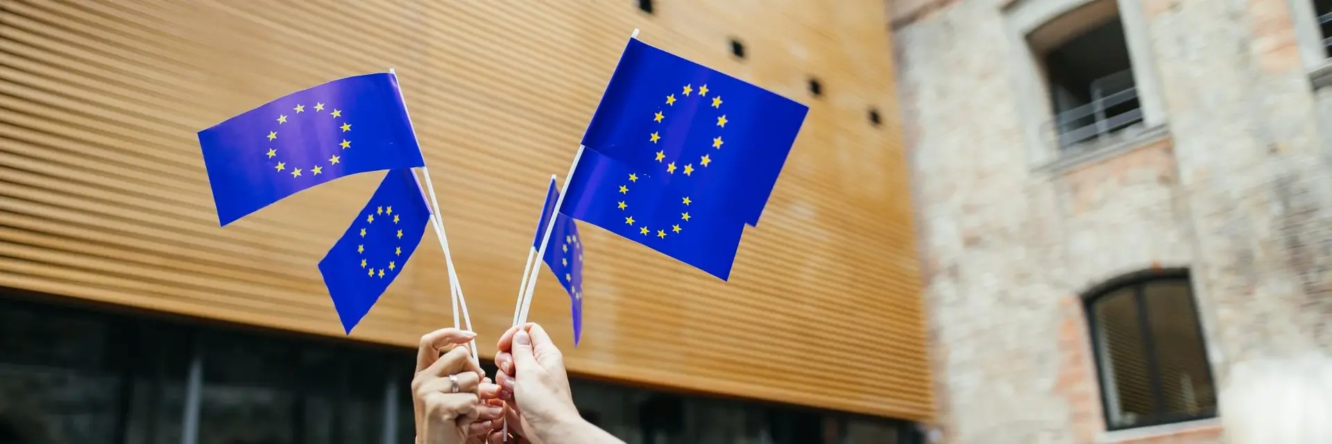 Mehrere Personen stehen in einem Kreis und halten kleine Europafraggen nach oben in die Mitte