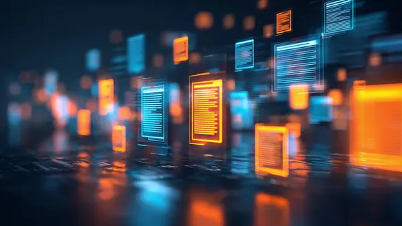 Abstrakte Darstellung von schwebenden Datenfeldern in leuchtenden Blau- und Orangetönen. Die Elemente vermitteln ein Gefühl der digitalen Vernetzung und Informationsströme, mit einem dunklen Hintergrund, der die Farben hervorhebt.