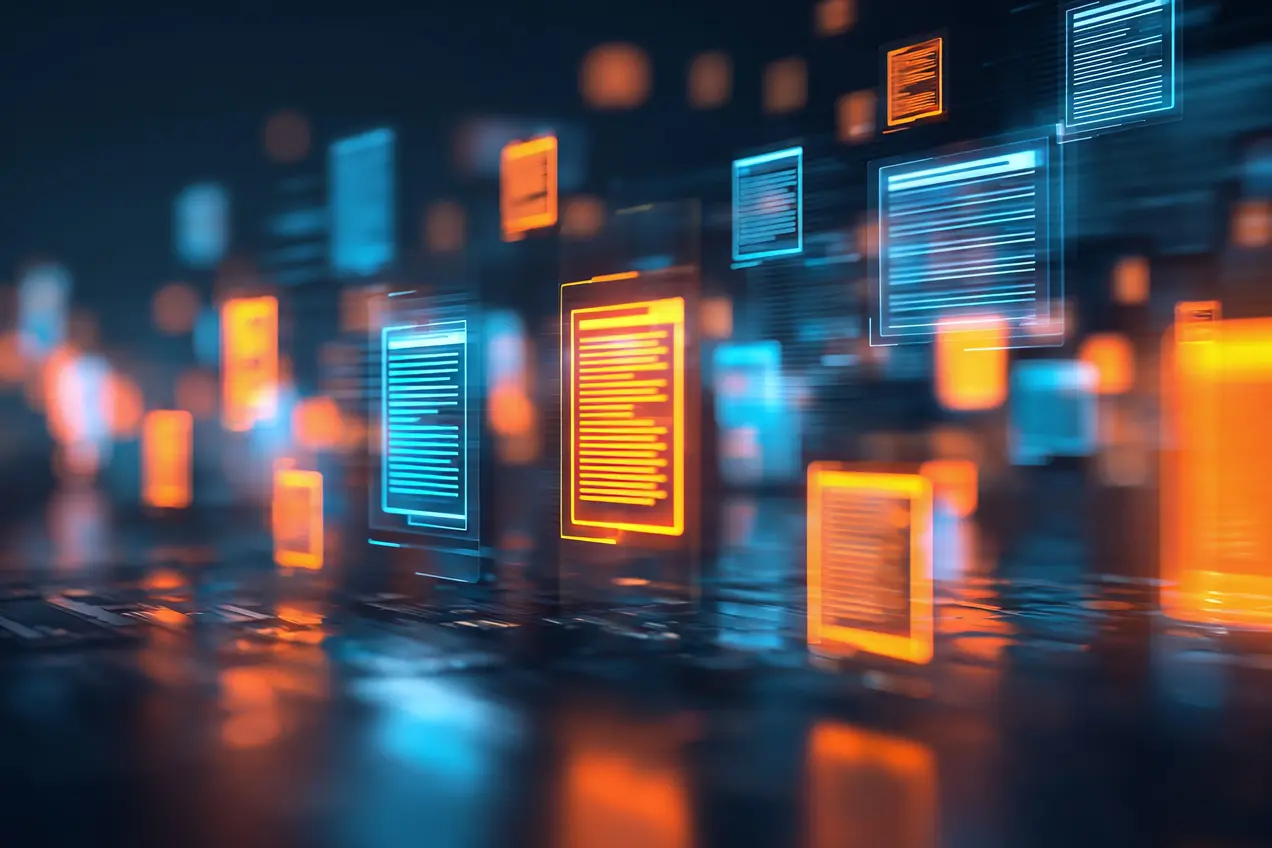 Abstrakte Darstellung von schwebenden Datenfeldern in leuchtenden Blau- und Orangetönen. Die Elemente vermitteln ein Gefühl der digitalen Vernetzung und Informationsströme, mit einem dunklen Hintergrund, der die Farben hervorhebt.