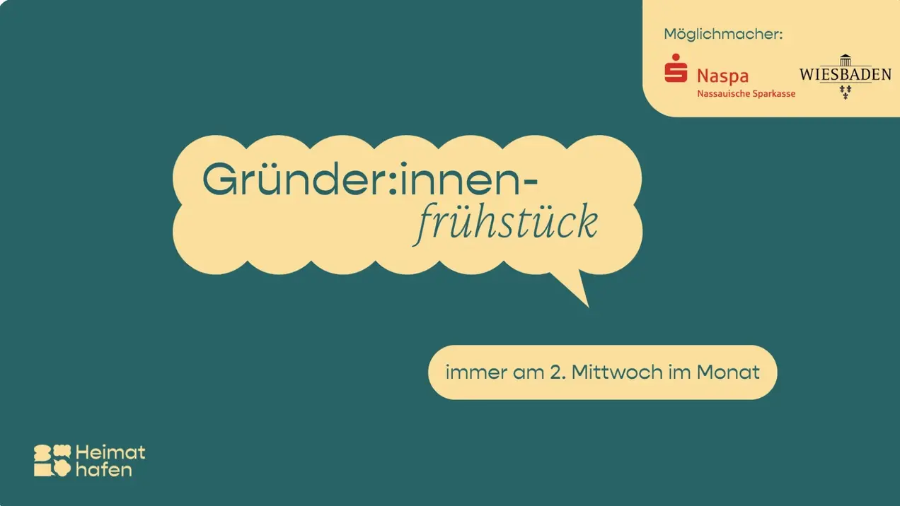 Text für die Bildbeschreibung: "Ein Banner für das Gründer:innenfrühstück, das immer am 2. Mittwoch im Monat stattfindet. Die Veranstaltung wird von Heimat Hafen organisiert und von der Naspa sowie der Stadt Wiesbaden unterstützt."