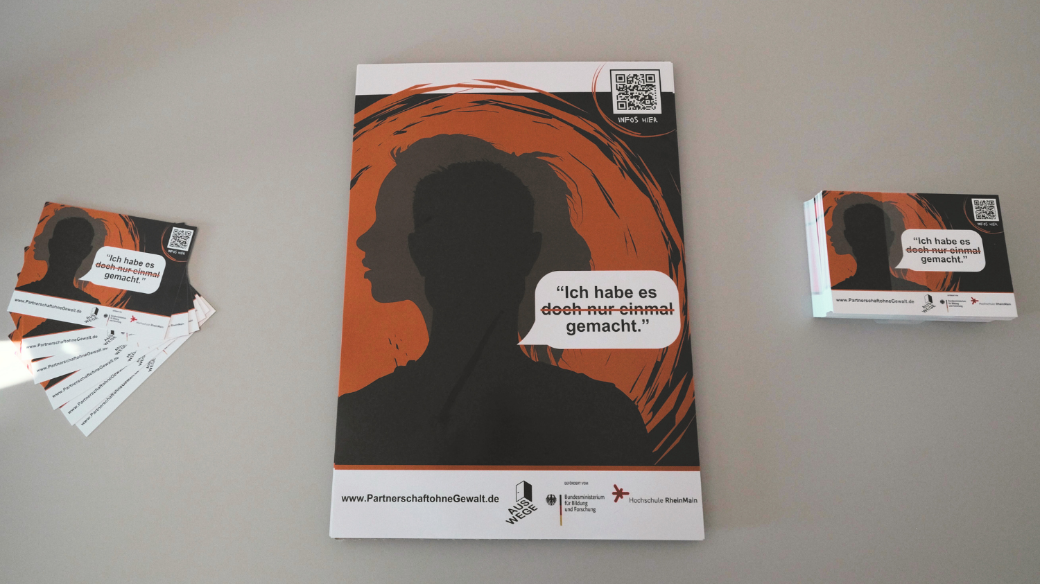 Plakat, Postkarte zum Thema Gewalt in der Partnerschaft. Darauf geschrieben ist der Slogan "Ich habe es doch nur einmal gemacht". Dabei ist das "doch nur einmal" durchgestrichen