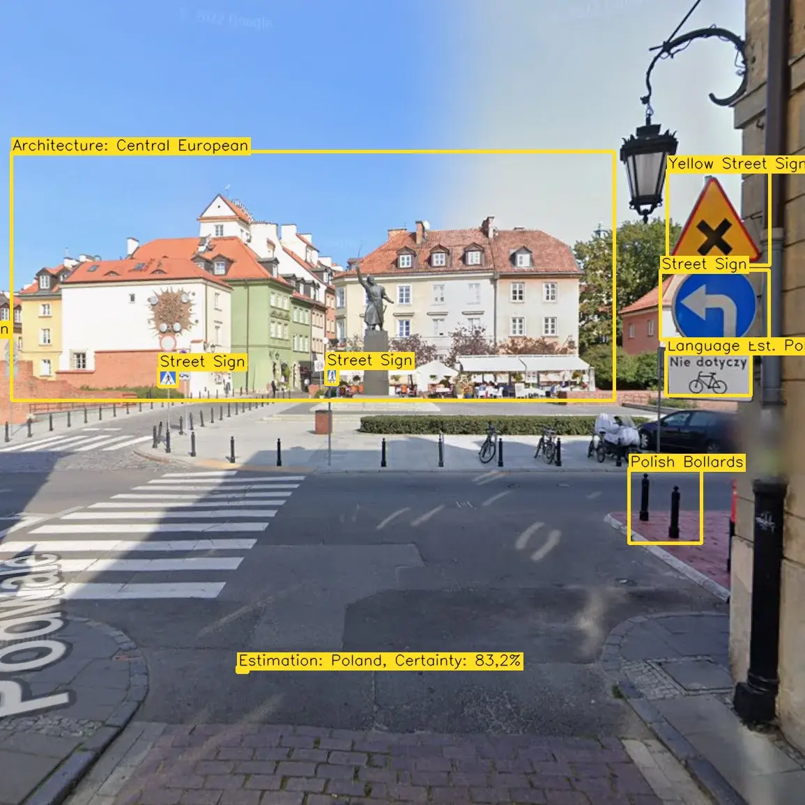 Ein Bild einer zentral-europäischen Straßenszene in Polen. Die Straße ist mit Schildern gekennzeichnet, darunter ein gelbes Schild mit Text in polnischer Sprache. Im Hintergrund sind historische Gebäude und Poller sichtbar, die die Straße begrenzen.