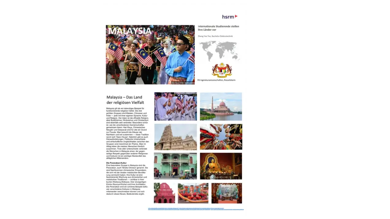 Eine Informationsseite über Malaysia, die Bilder von kulturellen Festen, traditionellen Gebäuden und Sehenswürdigkeiten zeigt. Der Text beschreibt die Vielfalt und Attraktivität des Landes.