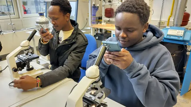 Two students at a desk looking through microscopes