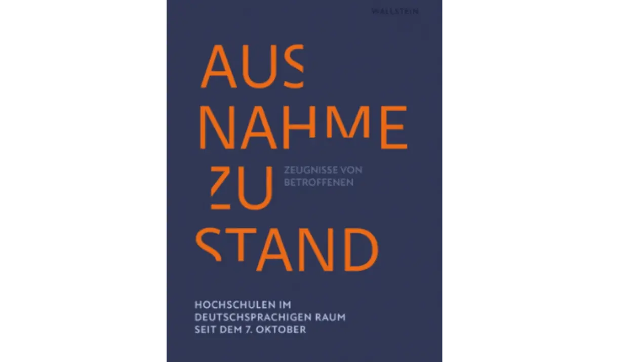 Das Bild zeigt ein Buchcover mit dem Titel "Ausnahmezustand". Der Untertitel lautet "Hochschulen im deutschsprachigen Raum seit dem 2. Oktober". Der Hintergrund ist dunkel, während der Titel und Untertitel in orangefarbener Schrift dargestellt sind.