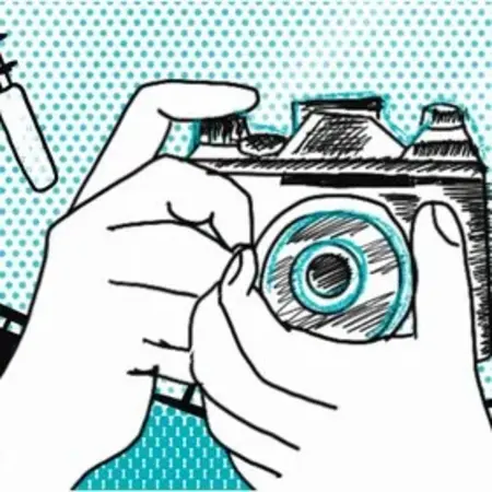 künstlerisches comic Bild blau weiß Storyboard und Kamera