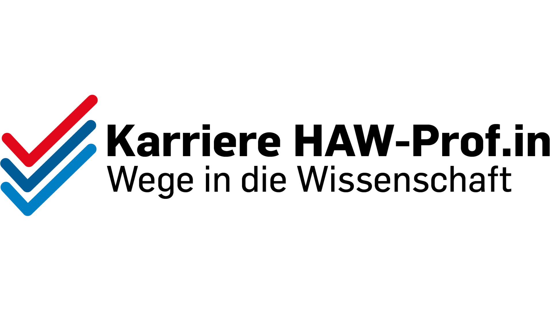 Karriere HAW Prof.in Wege in die Wissenschaft Logo 3 gestapelte Haken und Text bilden das Logo von Karriere HAW Prof.in Wege in die Wissenschaft