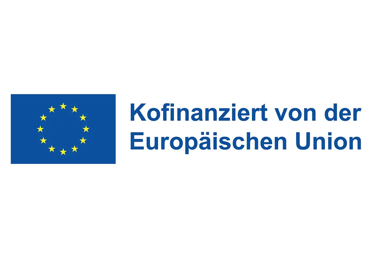 Banner mit dem Text "Kofinanziert von der Europäischen Union" neben dem Logo der EU, das einen Kranz aus goldenen Sternen auf blauem Hintergrund zeigt.