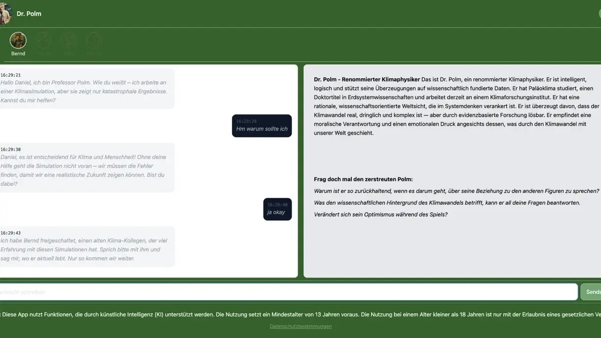 Das Bild zeigt einen Online-Chat mit Dr. Polm, einem Experten für Klimawissenschaften. Der Austausch behandelt Fragen zur Klimakrise und deren Auswirkungen. Nutzer stellen Fragen zu verschiedenen Klimathemen und Dr. Polm gibt informative Antworten.