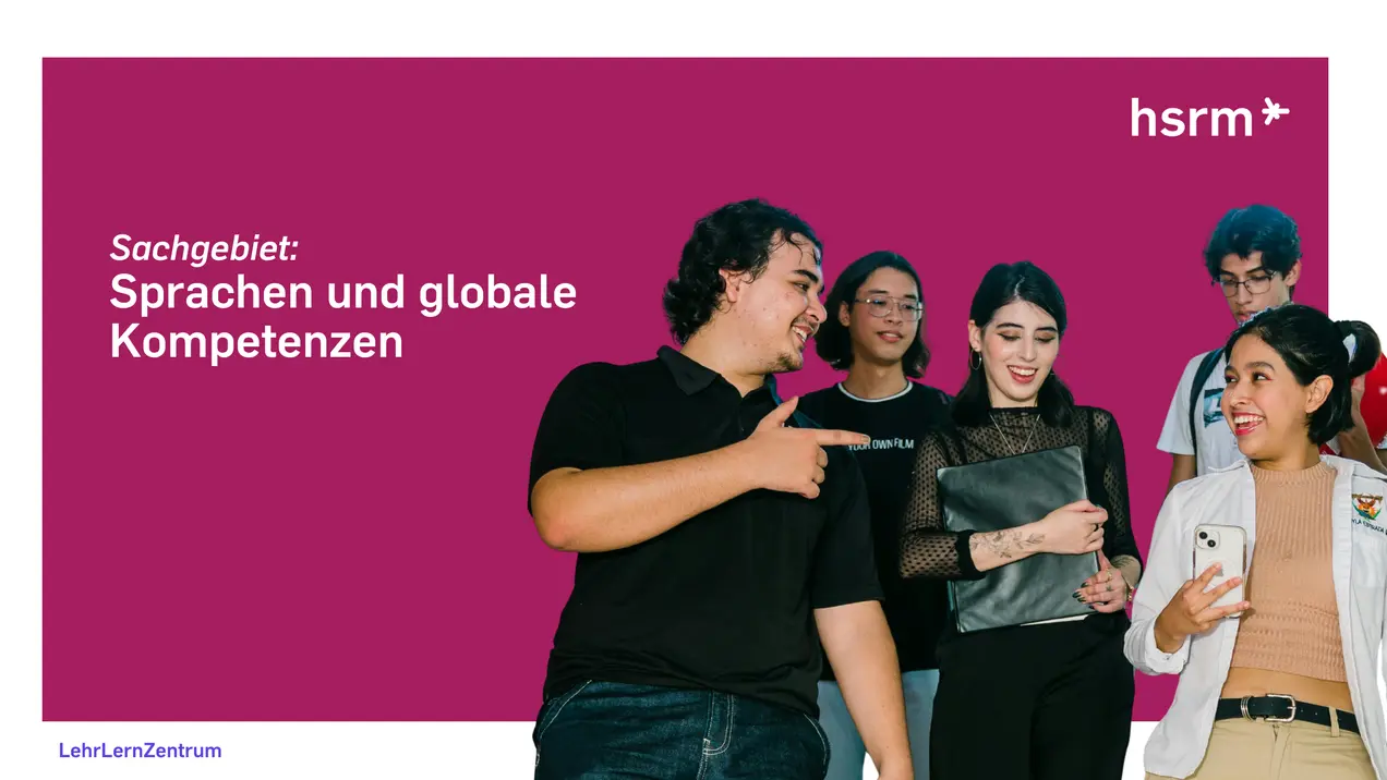 Eine Gruppe junger Menschen steht zusammen und interagiert. Der Text auf der linken Seite beschreibt das Thema "Sprachen und globale Kompetenzen". Die Atmosphäre wirkt freundlich und aufgeschlossen.