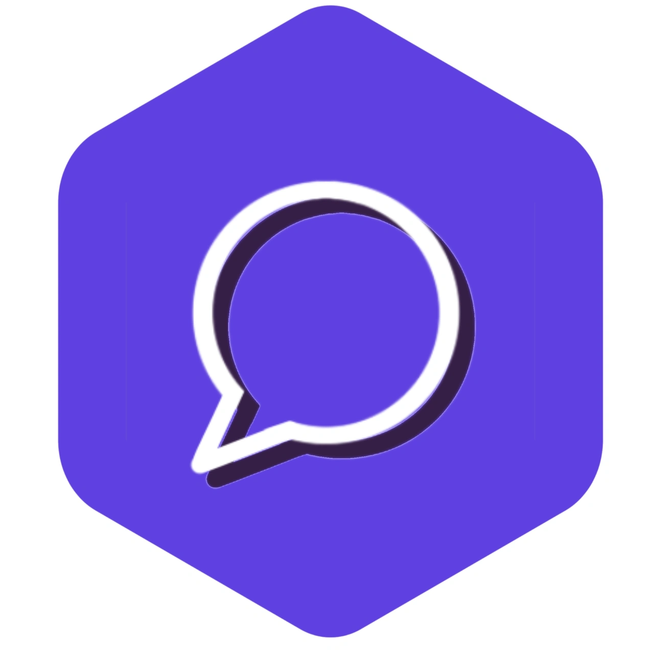 Ein lila hexagonales Symbol mit einer stilisierten Sprechblase in der Mitte. Die Sprechblase ist weiß mit einem dunklen Rand und steht für Kommunikation oder Messaging.